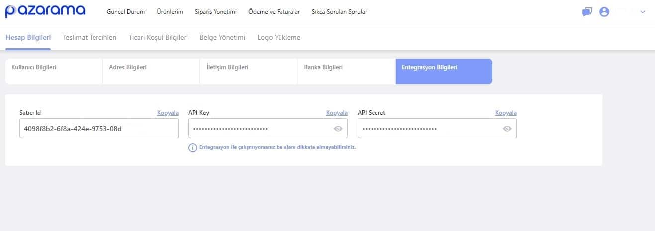 Pazarama api ayarları